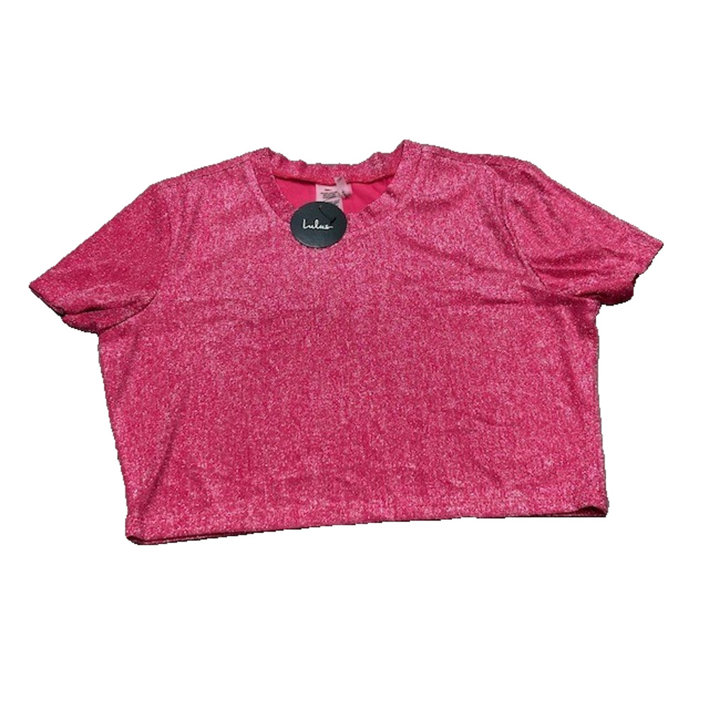 NWT Lulus Womens Shimmering Cropped Shirt Short Sleeve Crew‎ Neck Pink Size L/XL